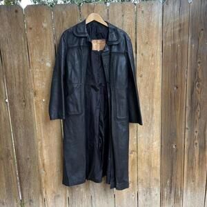 Vintage Black Leather Trench Coat Men’s Size 50 Long Leather Jacket
